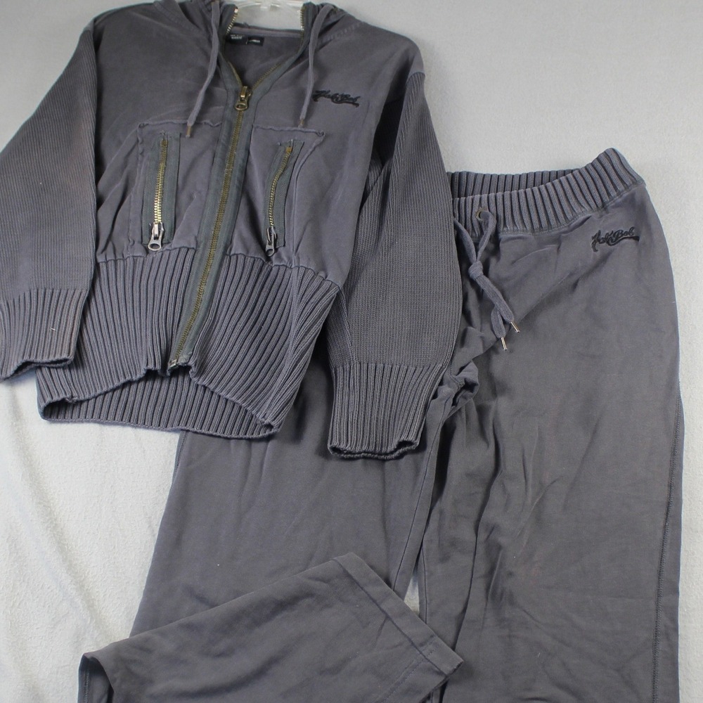 Hale Bob Tracksuit Set Womens XL Gray Zip Hoodie Joggers Mixed Media Cotton Y2K